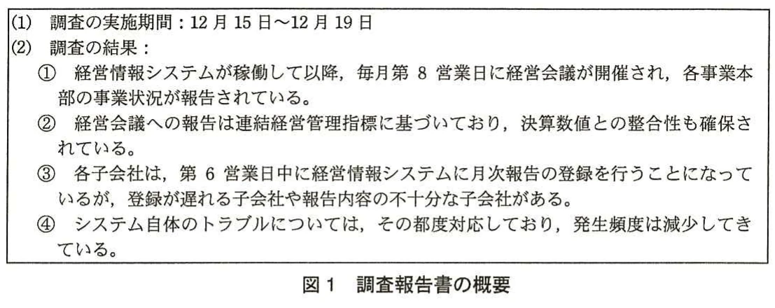図1 調査報告書の概要。調査実施期間と、経営会議の開催時期・報告内容、子会社の月次報告登録状況、システム障害への対応状況を箇条書きで示した調査報告書の概要。