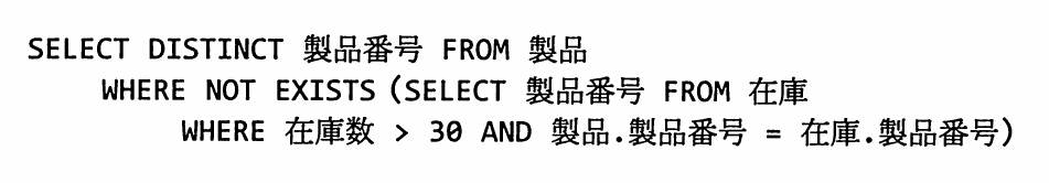 SQL文。SQL文:SELECT DISTINCT 製品番号 FROM 製品 WHERE NOT EXISTS (SELECT 製品番号 FROM 在庫 WHERE 在庫数 > 30 AND 製品.製品番号 = 在庫.製品番号)。在庫数が30を超える在庫行が存在しない製品の製品番号を抽出する。