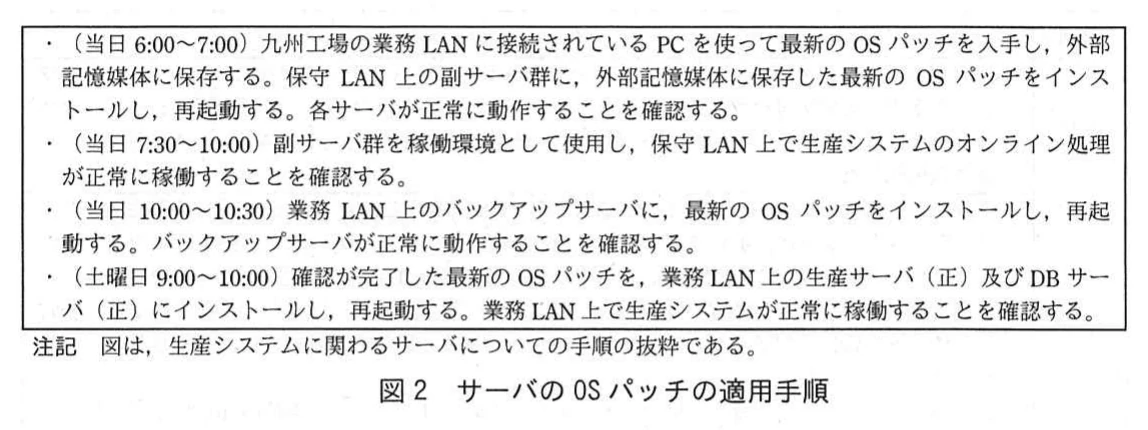 図2 サーバのOSパッチの適用手順。サーバのOSパッチ適用手順。当日6:00~7:00に副サーバ群へ適用、7:30~10:00に保守LAN上で稼働確認、10:00~10:30にバックアップサーバへ適用、土曜日9:00~10:00に業務LAN上の生産サーバ(正)とDBサーバ(正)へ適用する。注記付き。