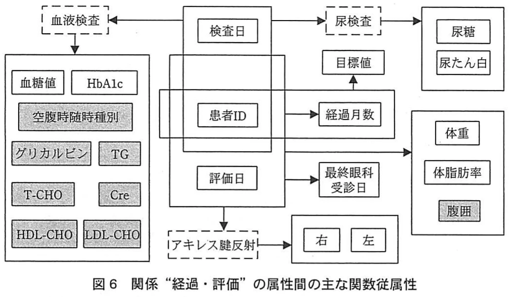 図6 関係“経過・評価”の属性間の主な関数従属性。検査日、患者ID、評価日、経過月数を中心に、血液検査、尿検査、評価項目などの従属性を示す図。