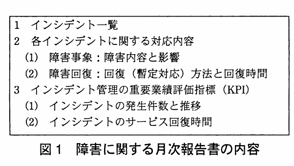 図1 障害に関する月次報告書の内容。障害に関する月次報告書に含めるインシデント一覧,各インシデントの対応内容,インシデント管理のKPIを示した構成図。