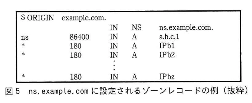 図5 ns.example.comに設定されるゾーンレコードの例（抜粋）。example.comのNSレコードと、ワイルドカードによる複数のボットIPアドレスのAレコード例を示す図。