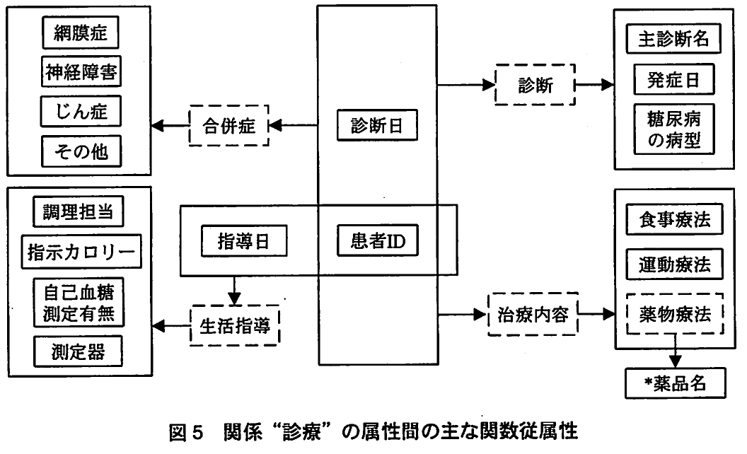 図5 関係“診療”の属性間の主な関数従属性。診断、合併症、生活指導、治療内容、薬物療法に含まれる属性間の関数従属性を示す図。