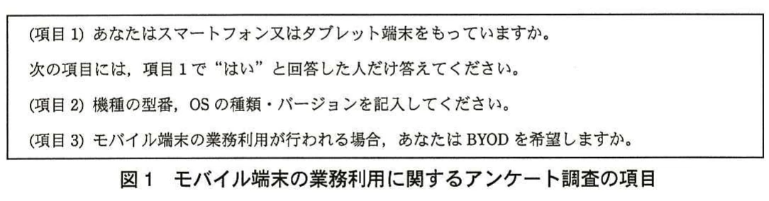 図1 モバイル端末の業務利用に関するアンケート調査の項目。スマートフォン又はタブレット端末の保有状況を確認し、保有者に機種・OS情報とBYOD希望を尋ねるアンケート項目を示す。