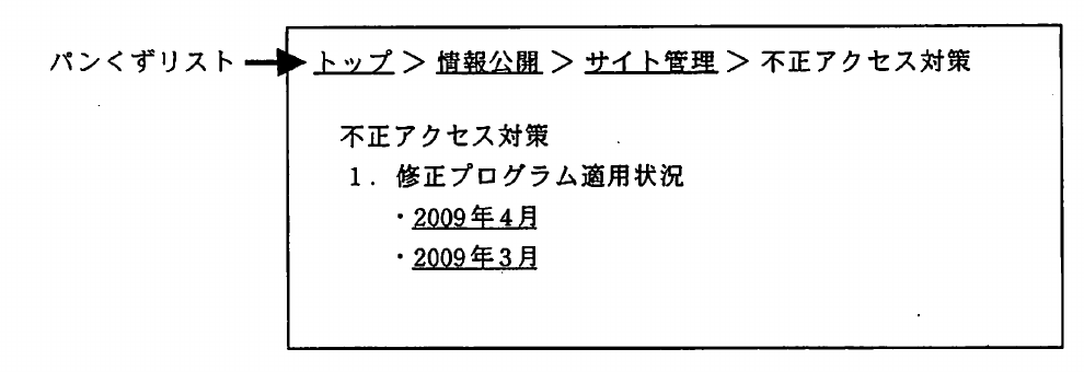 Webページ上部にトップから現在ページまでの階層を示すパンくずリストを表示した例。