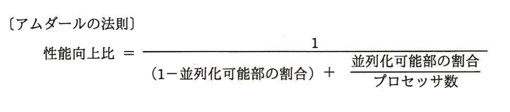 アムダールの法則による性能向上比を,並列化可能部の割合とプロセッサ数で表した数式。