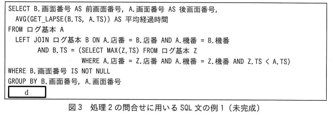 図3 処理2の問合せに用いるSQL文の例1(未完成)。ログ基本を自己結合し,各ログの直前のTSをサブクエリで求めて画面遷移時間を平均するSQL文。